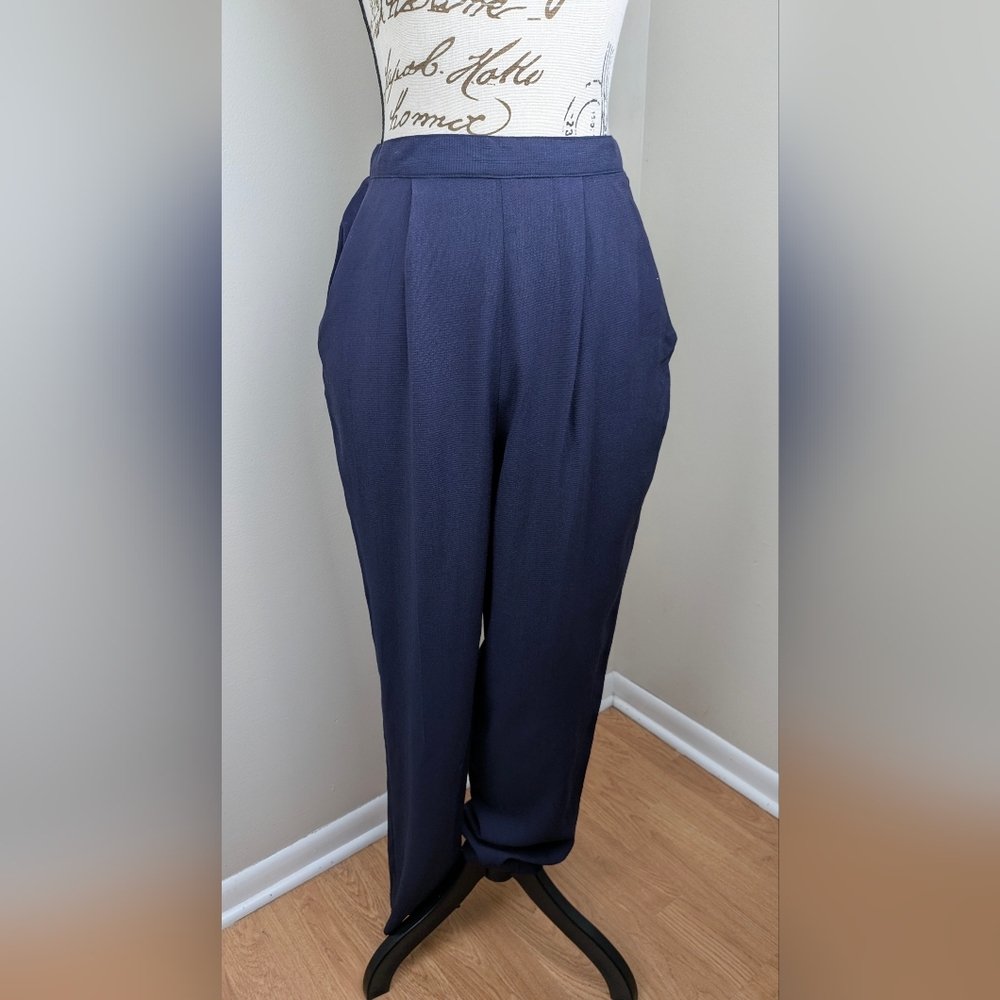 Jaclyn Smith Women's Navy Blue Elastic Waist Chiffon Dress Pants Trousers PM Vtg